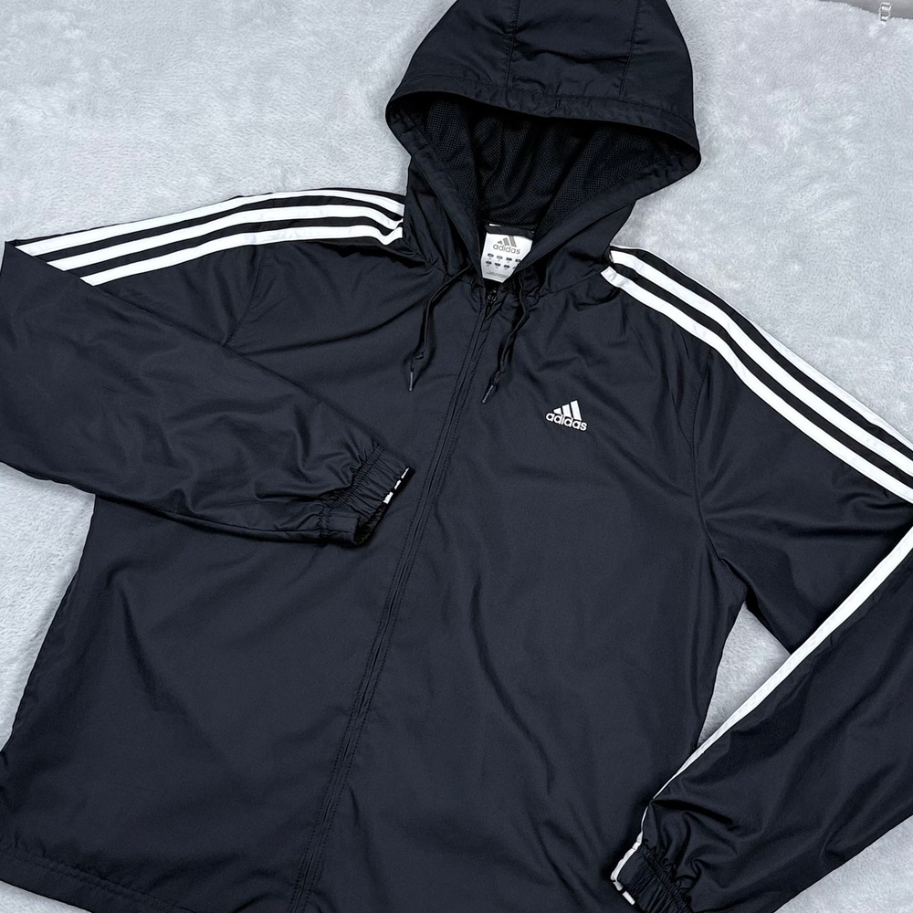 Adidas Windbreaker Jacket Womens Medium Black Hooded Vintage Y2K 3-Stripe Zip